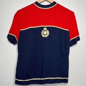 St. John Women Satana Knit Top Sweatshirt‎ Medium Red Blue Emblem Preppy Short